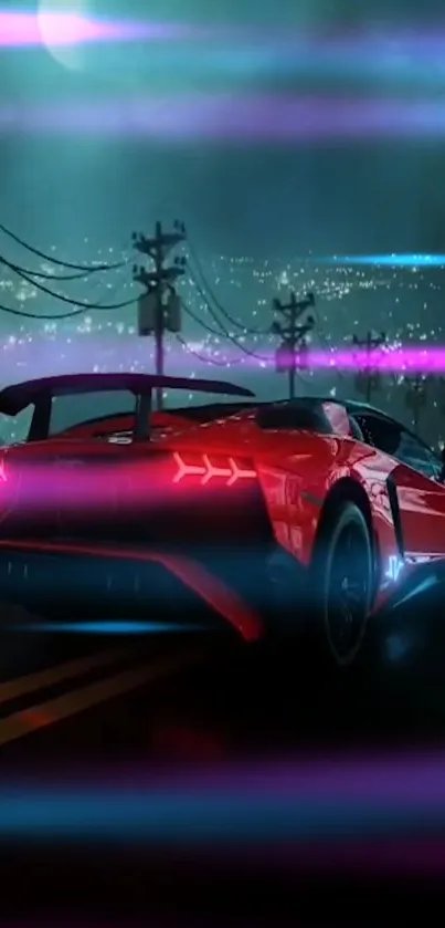 Red supercar on a neon-lit road beneath city lights.