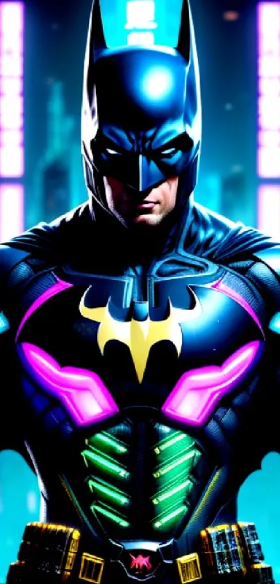 Neon Batman-inspired futuristic wallpaper with vibrant colors and cyberpunk aesthetic.