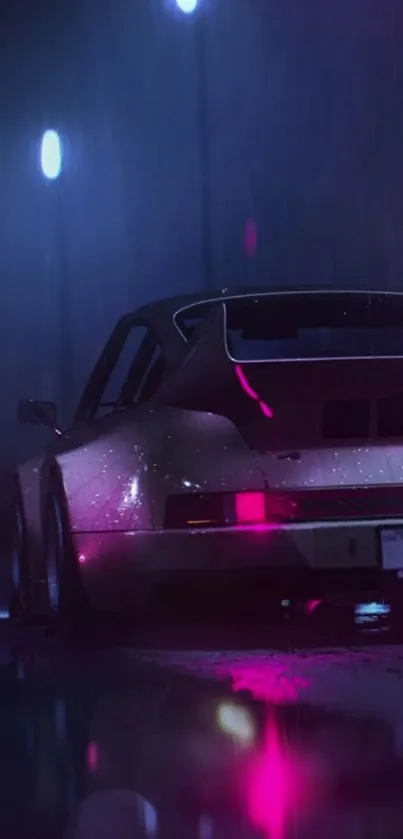 Sleek retro car under neon lights on rainy street.