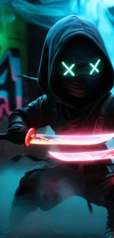 Neon ninja with glowing swords in foggy urban setting.
