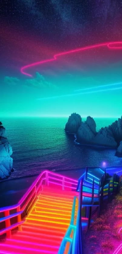 Vibrant neon ocean dreamscape wallpaper with glowing stairs.