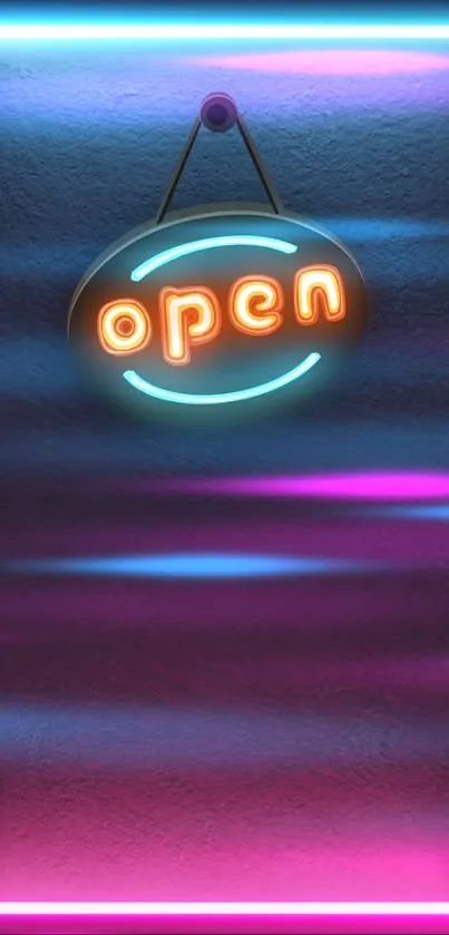 Neon 'Open' sign with blue and pink light on a wall.