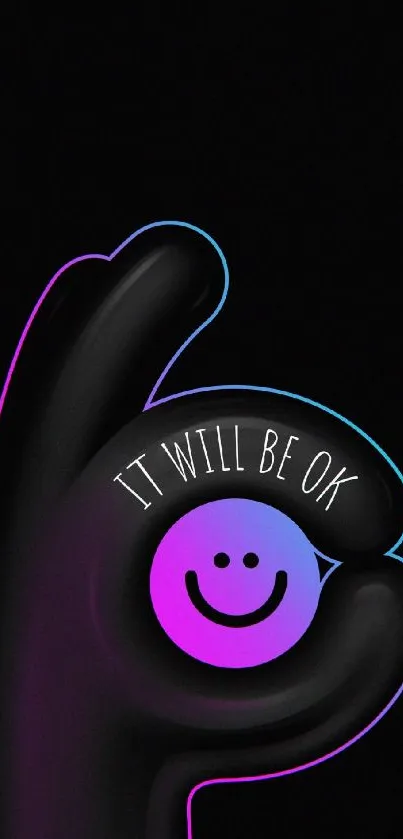 Neon hand with 'It Will Be Ok' in purple, smiling face in the middle.