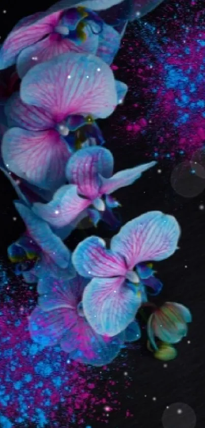 Vibrant neon orchids on black background with colorful splashes.