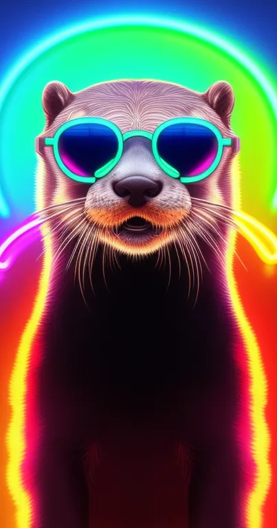 Neon otter with sunglasses and rainbow glow.