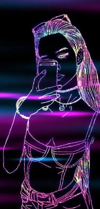 Colorful neon outline art of a stylish figure on a black background.