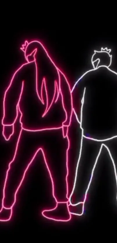 Neon outline art of a couple on a dark background.