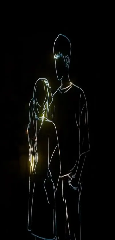 Neon outline of a couple on a dark background.