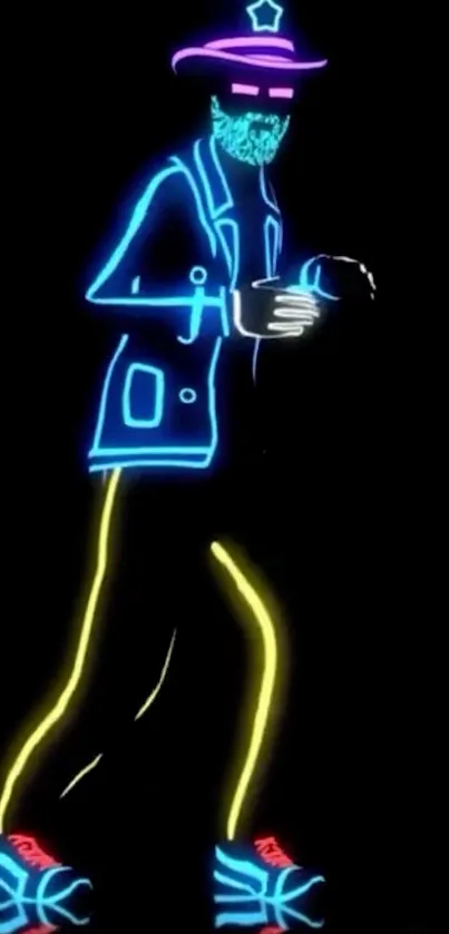 Neon outline of a dancing figure on a dark background wallpaper.