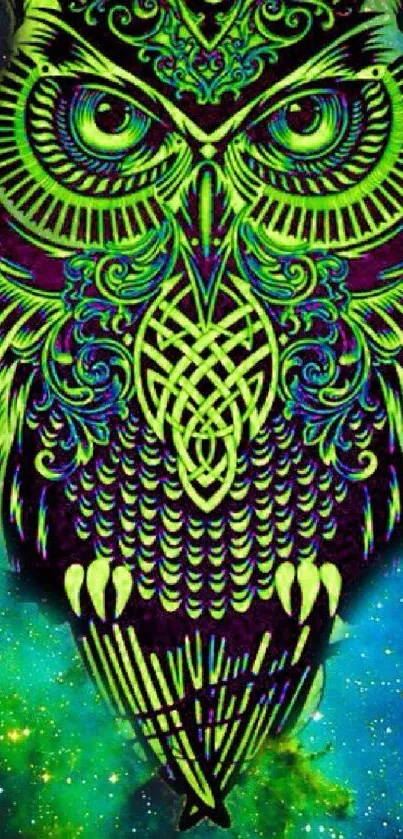 Neon green owl art with galaxy background.