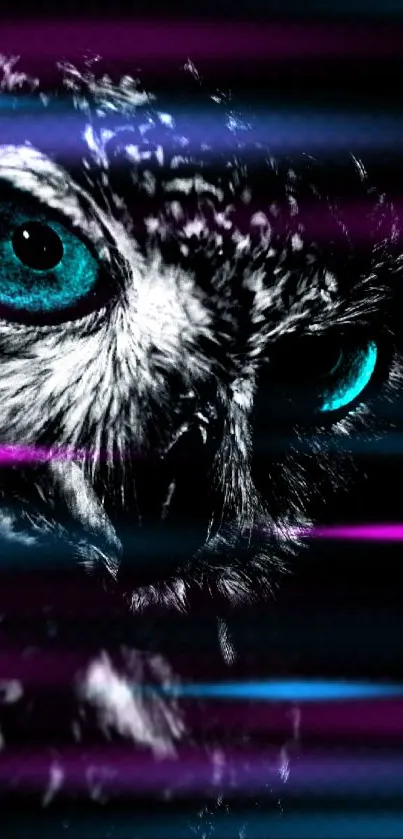 Neon owl close-up with blue eyes and purple streaks, perfect for mobile wallpaper.