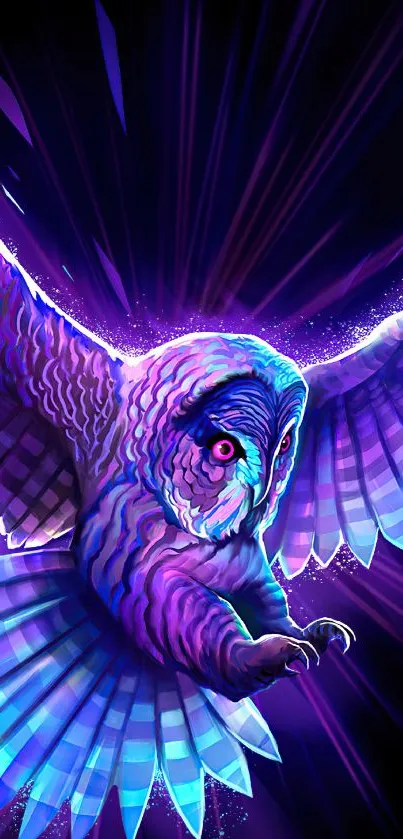 Neon owl in flight with vibrant wings glowing in digital artwork.