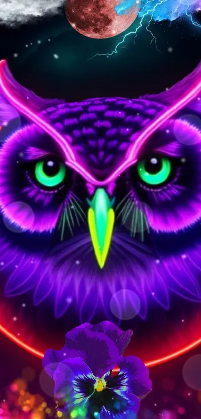 A vibrant neon owl in a cosmic and floral fantasy setting.