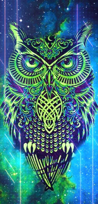 Colorful neon owl on galaxy background.