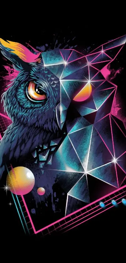 Neon owl with geometric shapes on a dark background.