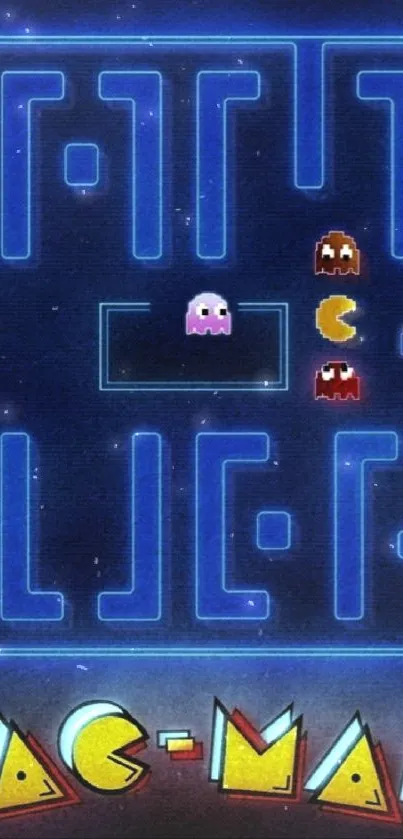 Neon blue Pac-Man wallpaper with iconic maze and characters.