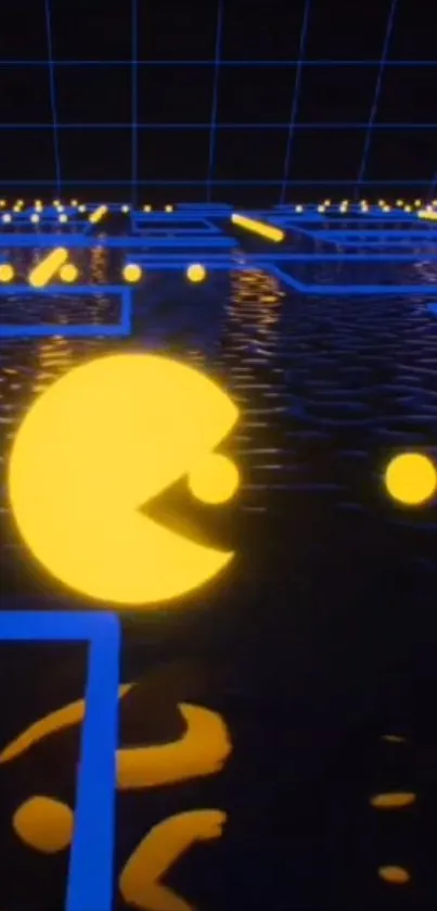 Neon Pac-Man navigating a retro maze with bright yellow and blue colors.