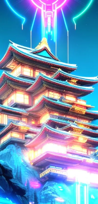 Neon-lit pagoda with cosmic sky backdrop.