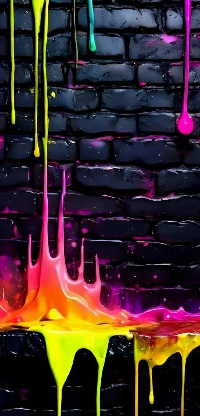 Vibrant neon paint drips on black brick wall wallpaper.