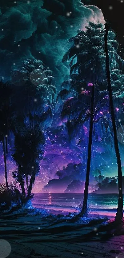 Neon palm trees on a dark beach at night with vibrant skies.