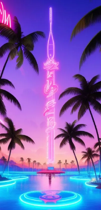 Neon-lit tropical beach with vibrant sunset.