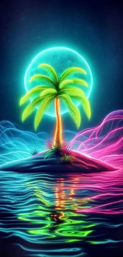 Neon palm tree on glowing island beach under vibrant night sky.