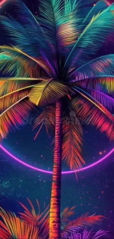 Vibrant neon palm tree with colorful leaves and a glowing halo.