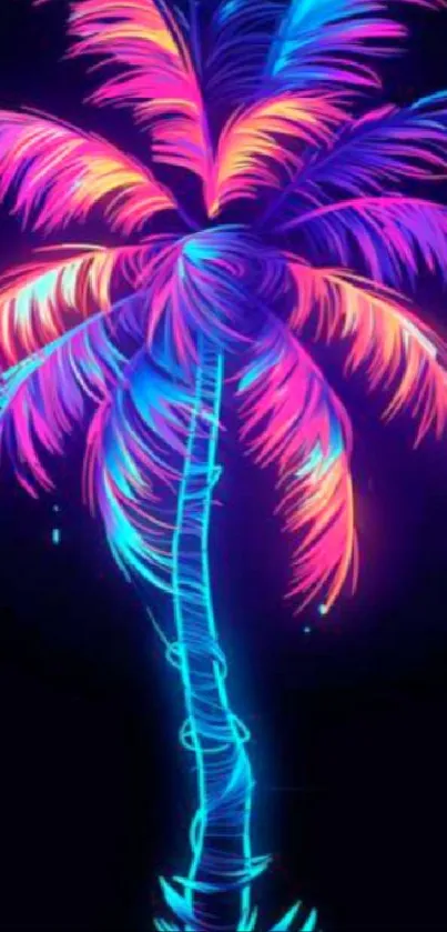 Neon palm tree on dark background, vibrant hues.