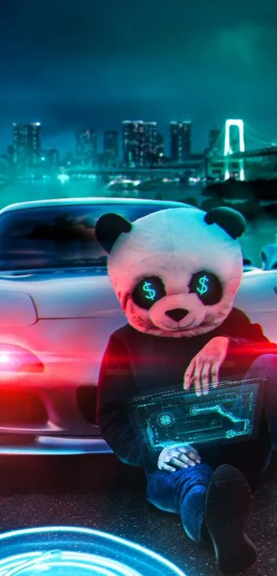 Neon panda beside car in glowing city.