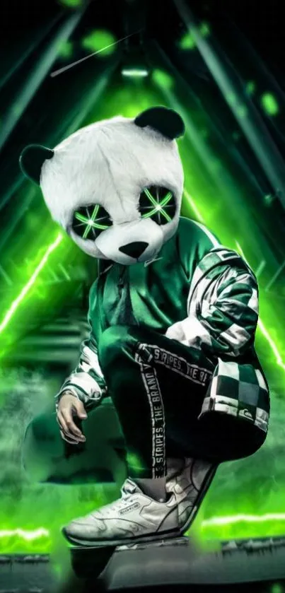 Neon green panda in an artistic digital setting on mobile wallpaper.