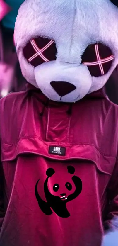 Neon panda wearing a burgundy hoodie with glowing eyes.