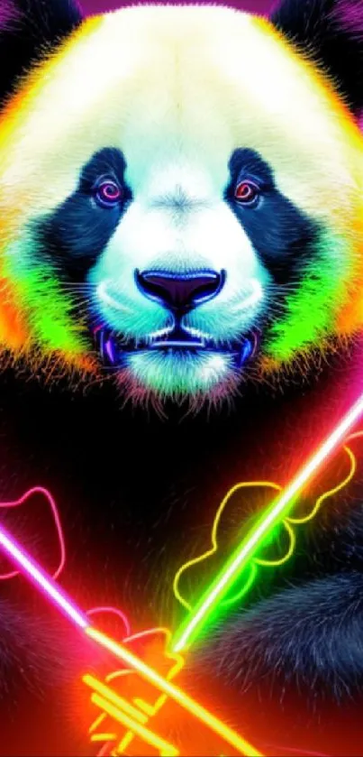 Colorful neon panda with glowing light sabers, vibrant mobile wallpaper design.