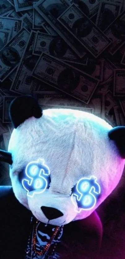 Neon panda with dollar eyes and money background wallpaper.