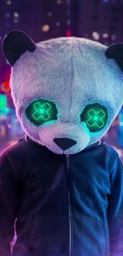 Panda with neon eyes in urban setting.