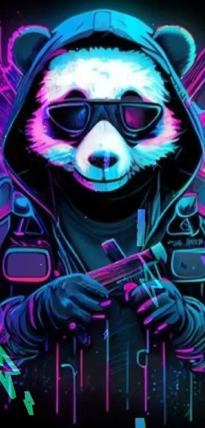 Neon street art panda with sunglasses in striking colors.