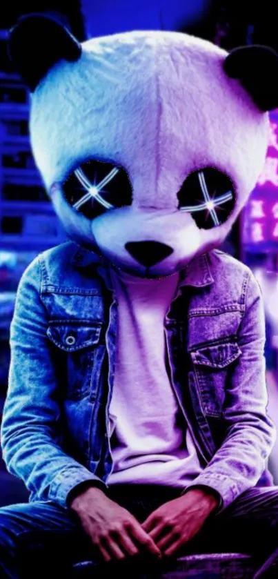 Neon-clad panda in cityscape wallpaper with vivid purple hues.