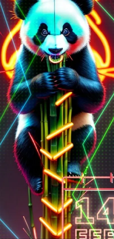 Vibrant neon panda hugging bamboo with a Valentine date glow.