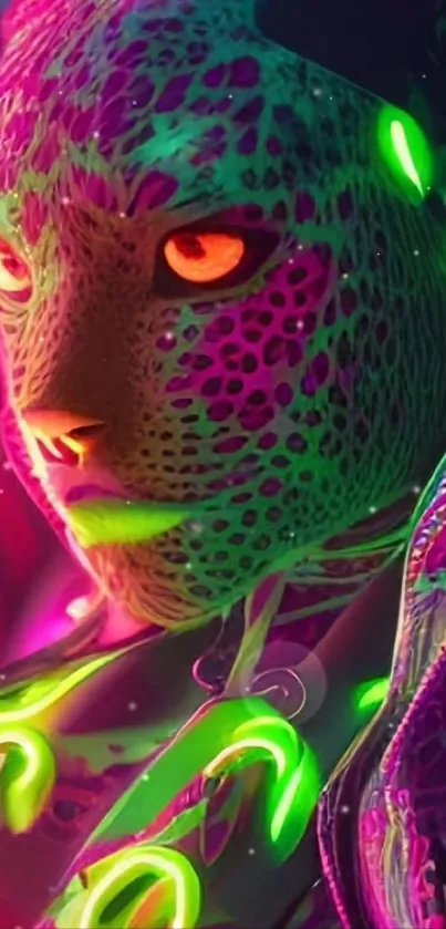 A neon pink leopard with green highlights in a digital abstract art style.