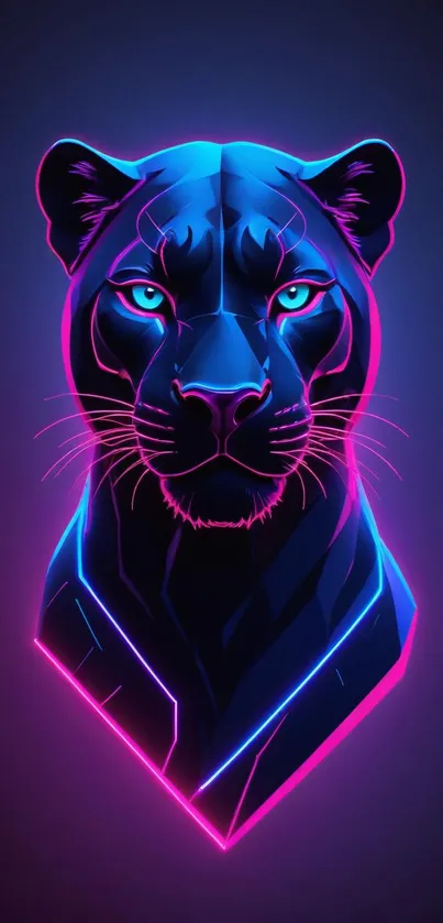 Neon panther digital art in vibrant blue and pink for mobile wallpaper.