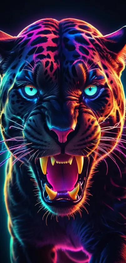 Fierce neon panther wallpaper with vibrant colors and intense expression.