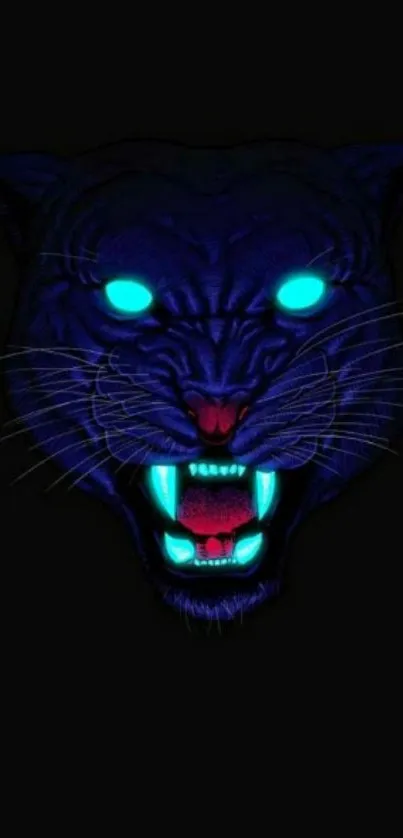 Neon panther with glowing eyes on a black background wallpaper.