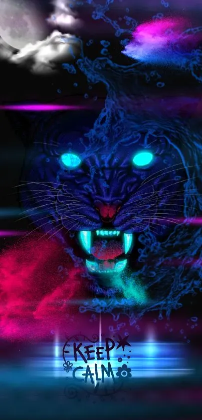 Neon panther with glowing eyes and cosmic elements wallpaper.