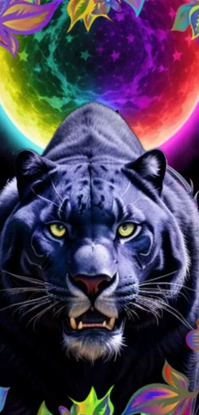 Neon panther with colorful lunar backdrop and vivid floral accents.