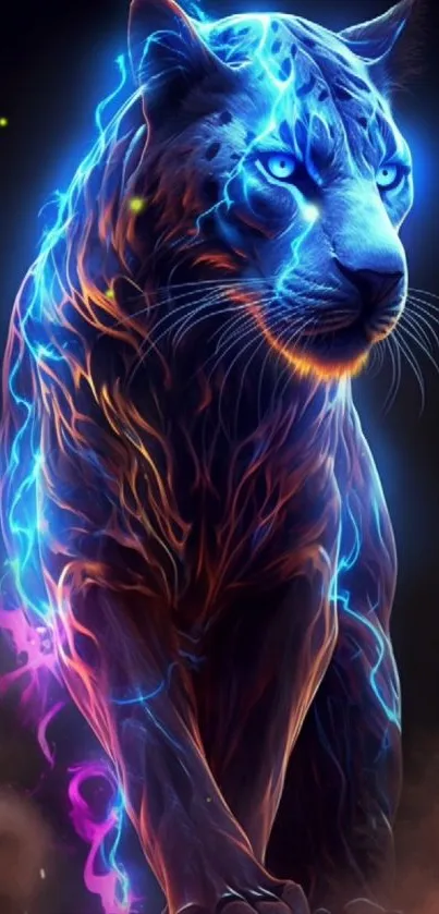 Neon panther glowing in cyan and magenta colors on a dark mobile wallpaper.