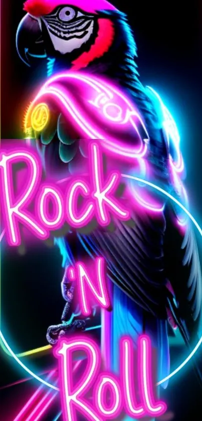 Neon parrot with rock 'n roll theme in vibrant colors.