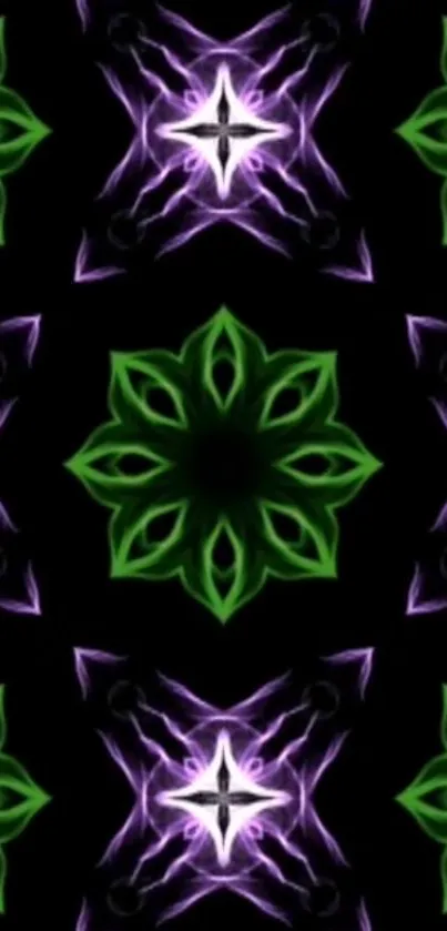 Neon green and purple kaleidoscope design on black background.