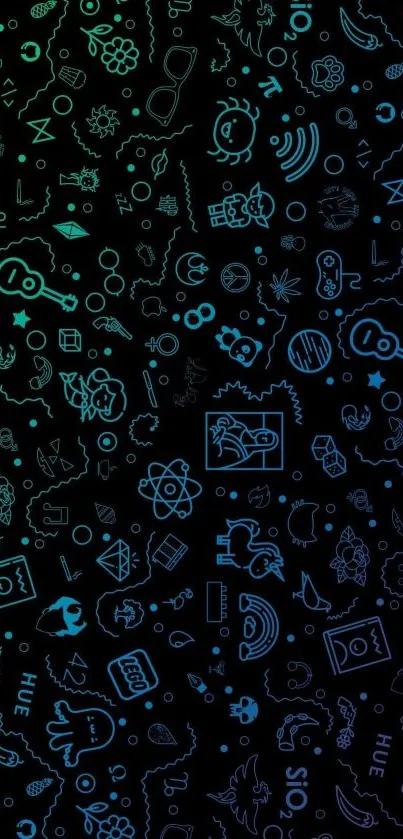 Vibrant neon pattern phone wallpaper with abstract doodles on a black background.