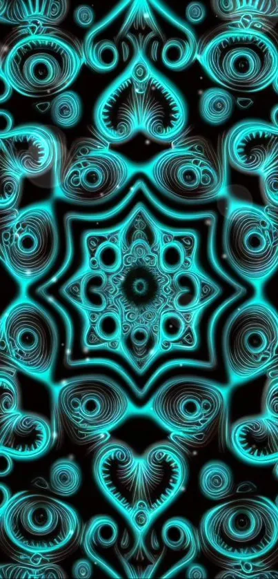 Intricate neon geometric pattern on mobile wallpaper in teal and black hues.