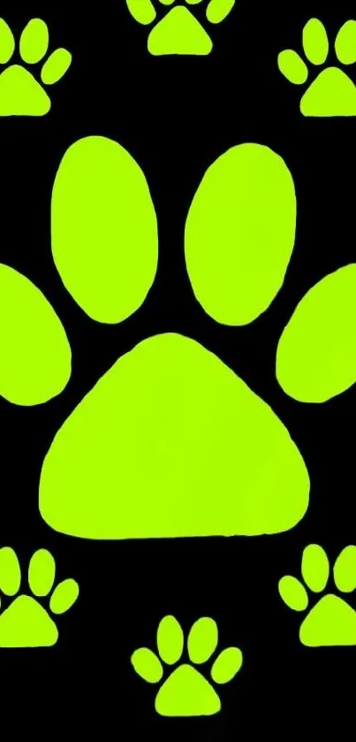 Neon green paw print pattern on black background.