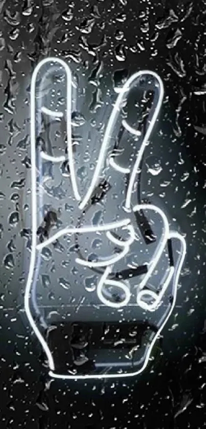 Neon peace sign illustration on raindrop-covered glass background.